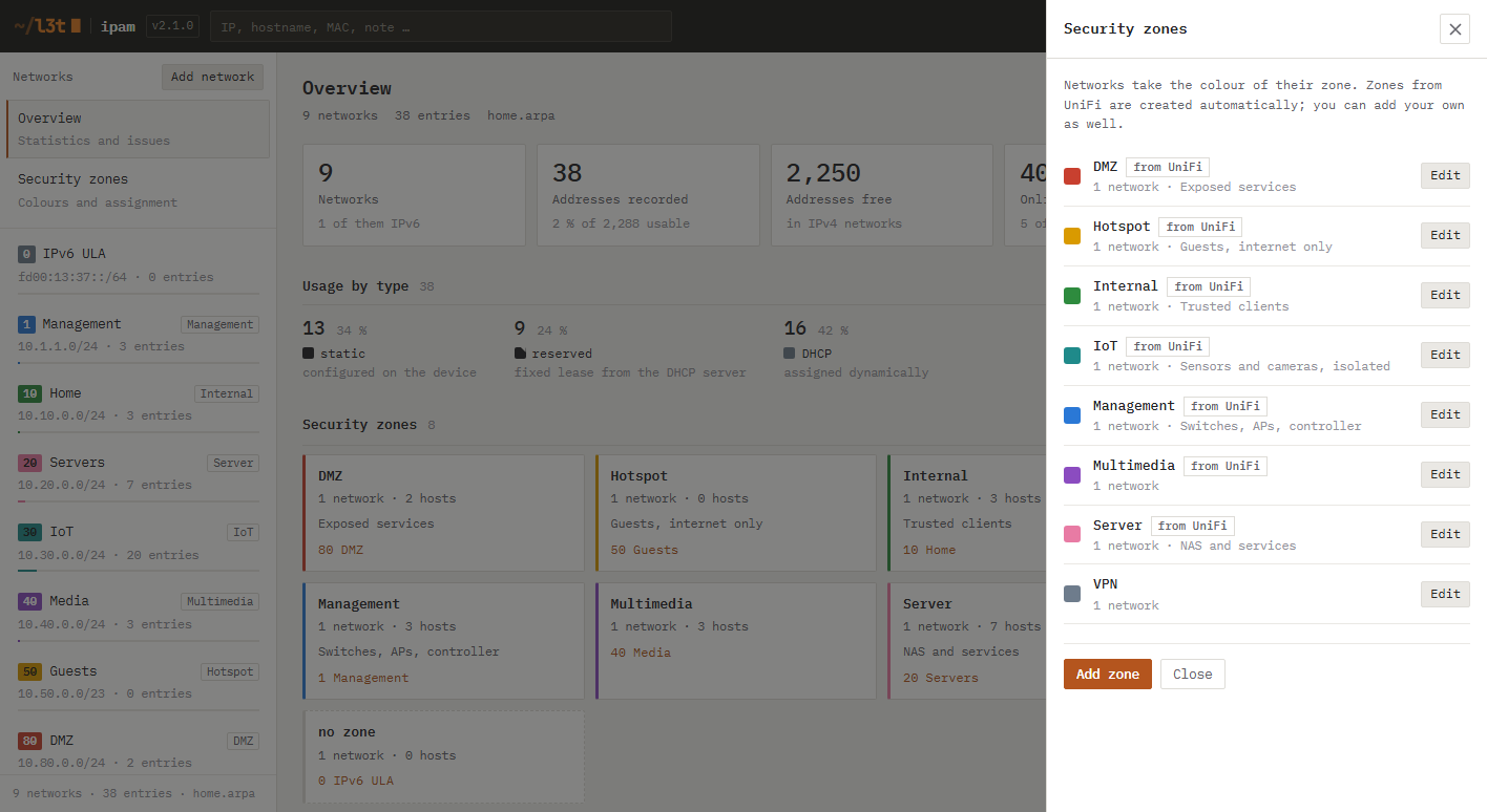 Zone management in L3T IPAM: list of security zones with colour, description and source, next to the overview